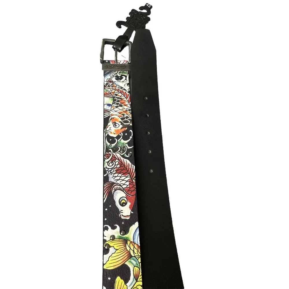 Ed‎ Hardy Men's Coy Fish Print Black Belt With Rivet Studs Size 42 New